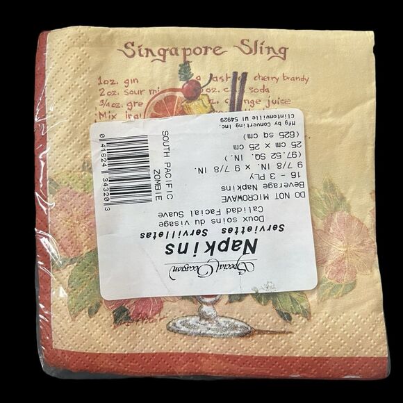 Tiki Paper Cocktail Napkins 16 ct NEW Zombie Singapore Sling Recipes Open End - Picture 4 of 6